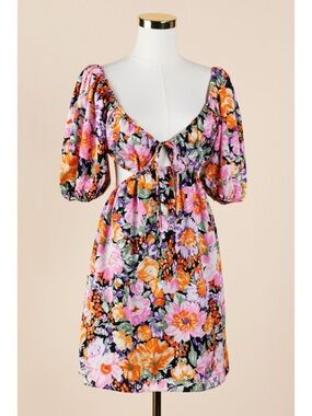 Sz 4 All About May Black & Pink Floral Cutout Short Puff Sleeve Mini Dress EUC